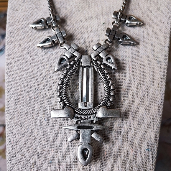 Stella and Dot Art Deco Revival Elongated Citrine Smoke Pewter Tone Necklace - Picture 8 of 15